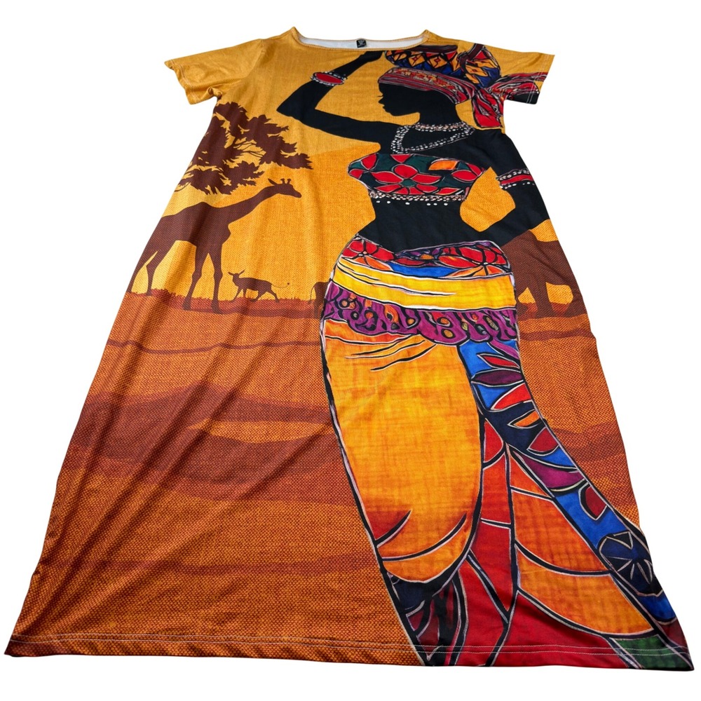 SHEIN Curve Maxi Dress Women 3XL Yellow African Graphic‎ Print Short Sleeve Exc